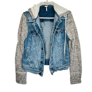 Free People Distressed Denim Knit Jacket Y2k Womens Small‎ Grunge Rocker Retro